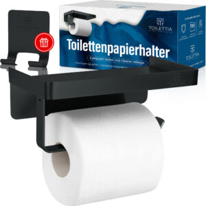 Toilettenpapierhalter mit Ablage (Schwarz) inkl. Rasierer Halterung